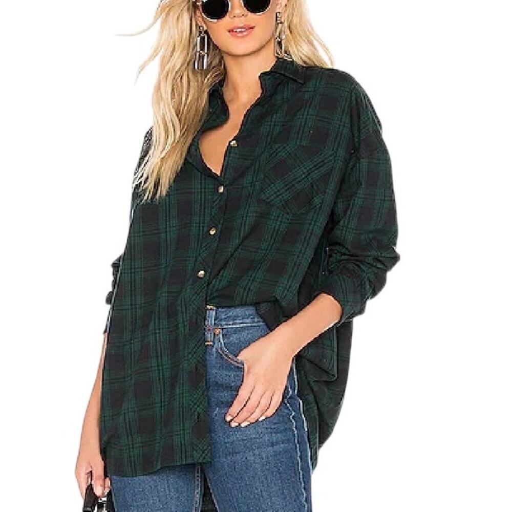NWT Superdown X Revolve Audriana Oversized Cotton Flannel Green Black Plaid M